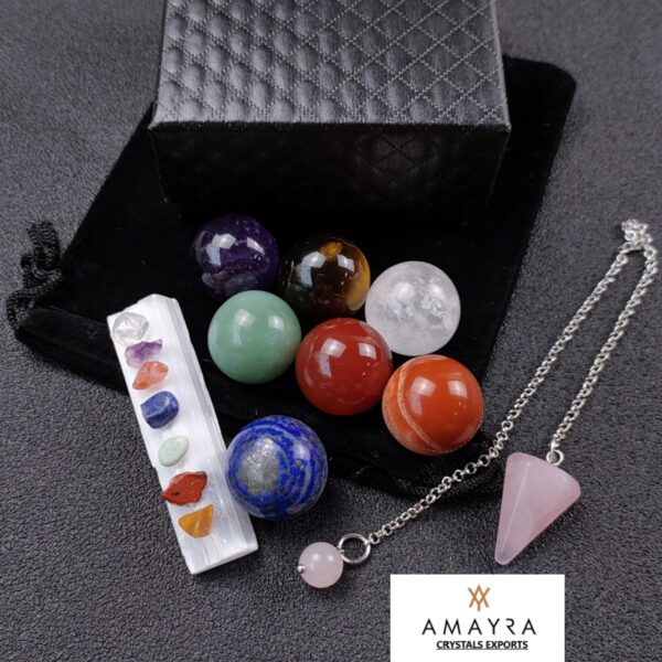 7 Chakra Gemstone Sphere Sets with Rose Quartz Pendulum - Image 6