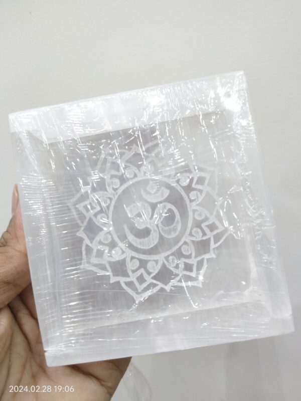 Selenite Engraved Ohm Charge Geometry Box